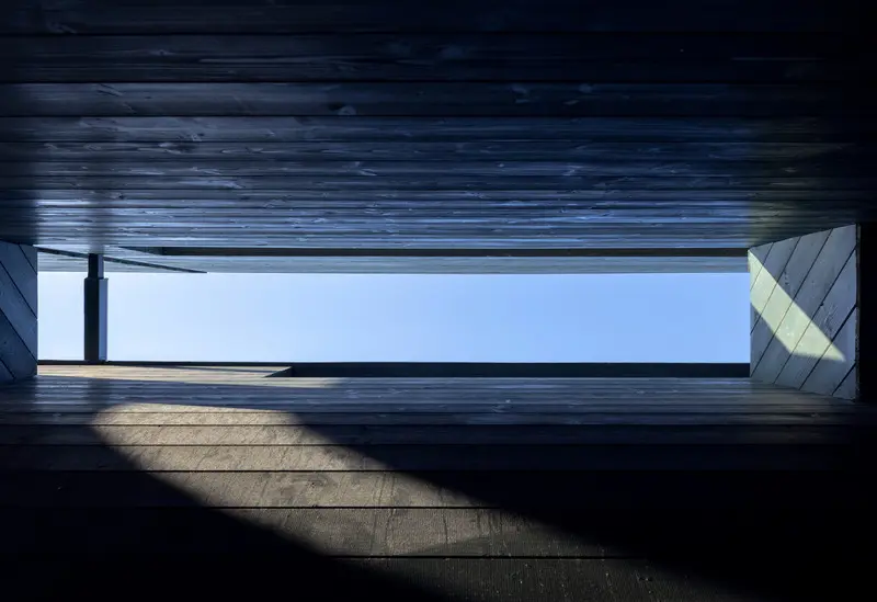Press kit | 5651-02 - press release | wood pavilion #1 - lin architecture - commercial architecture - glimpsed the evening blue sky through the skylight - photo credit: liu songkai