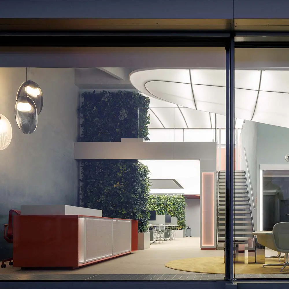 El interior de estas oficinas mezcla historia aeronáutica, biología marina y tecnología 3d