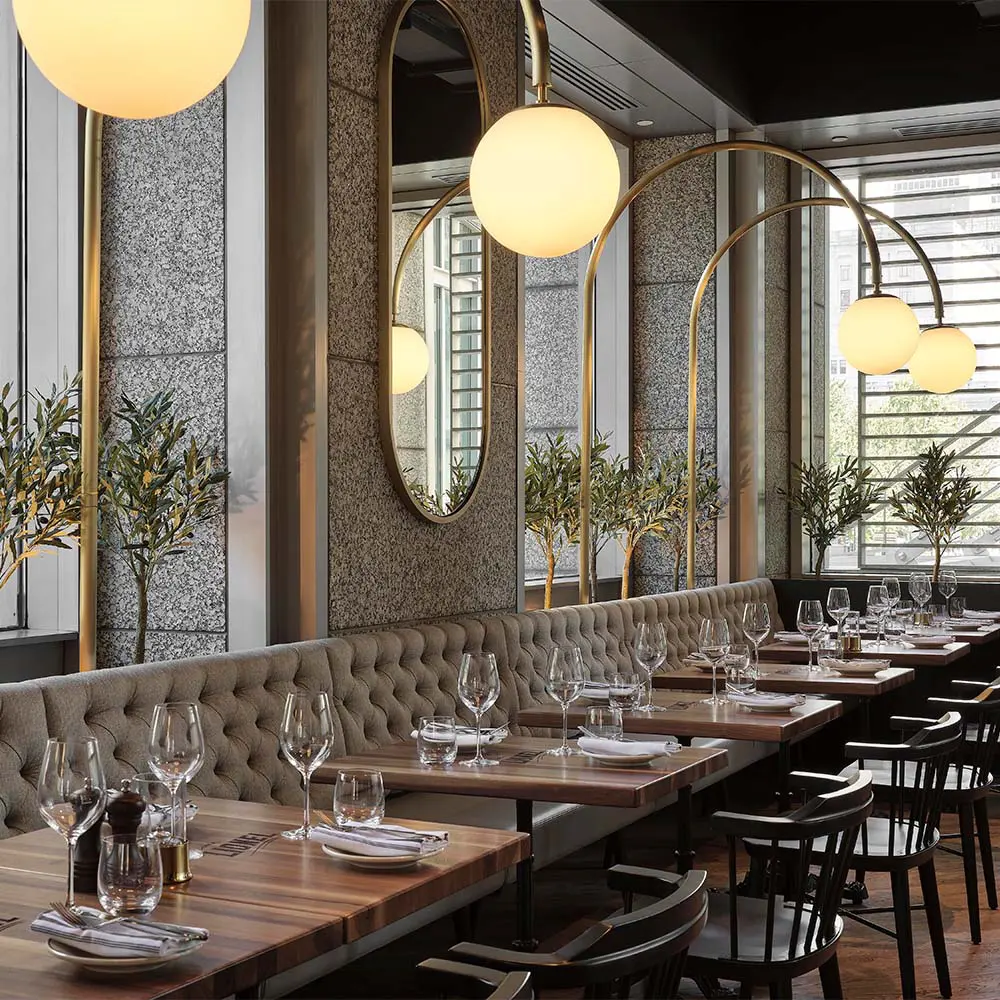 Un restaurante con una decoración ecléctica que revive un edificio de los años 90