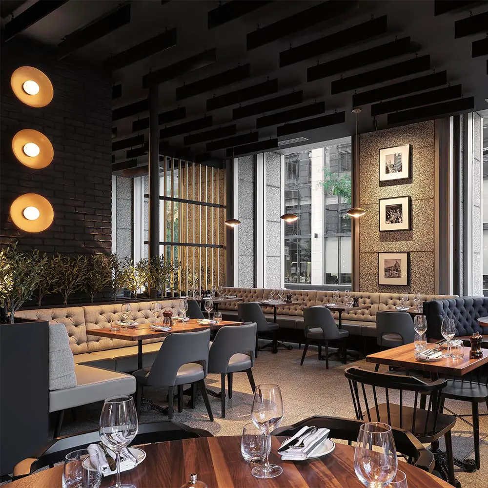 Un restaurante con una decoración ecléctica que revive un edificio de los años 90