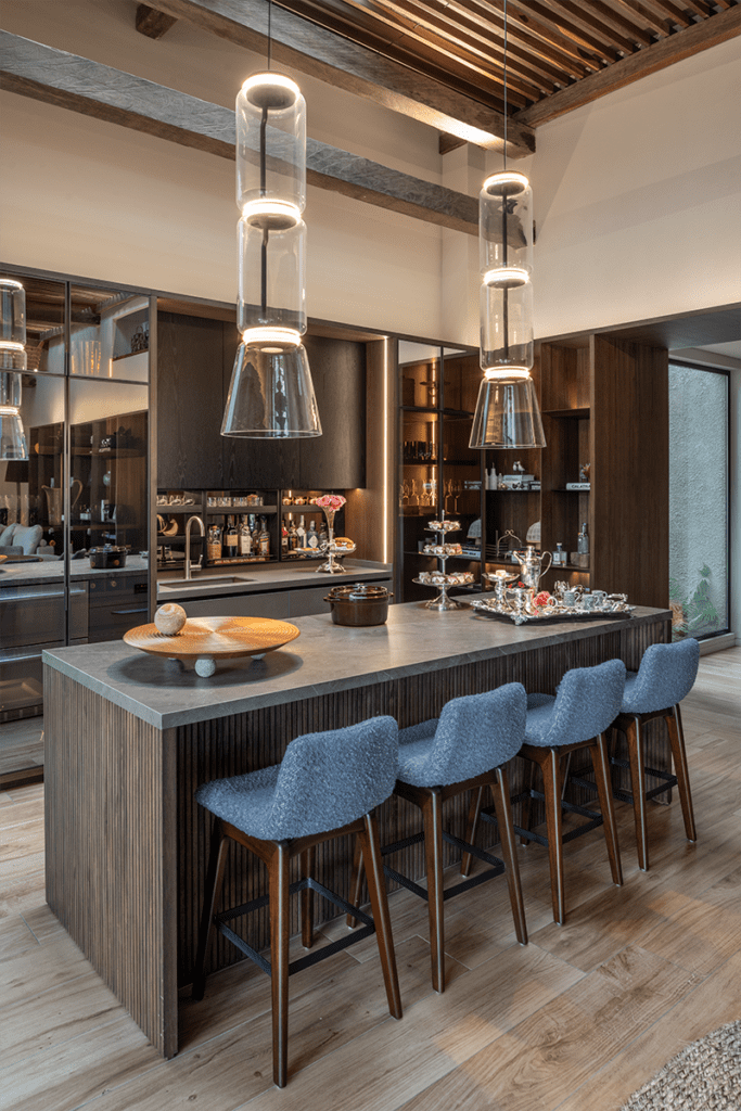 La magia de la cocina de esta casa radica en dos esculturales lámparas de vidrio