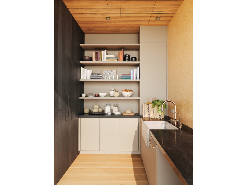 Press kit | 2757-26 - press release | modern sustainability in big sur - studio schicketanz - residential architecture -   studio schicketanz created a separate scullery kitchen in the open pantry behind the kitchen, with a larger sink and dishwasher out of site from the dining area. - photo credit:  joe fletcher photography