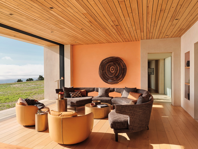 Press kit | 2757-26 - press release | modern sustainability in big sur - studio schicketanz - residential architecture - artwork by eric gushee hangs on the custom hued venetian plaster accent wall. The ceiling and flooring were kept neutral allowing south and north walls to become an accent with pops of color. The exterior plaster wraps into the main living area around into the connector and onto the portion of the eastern wall opening to the entry. - photo credit: joe fletcher photography