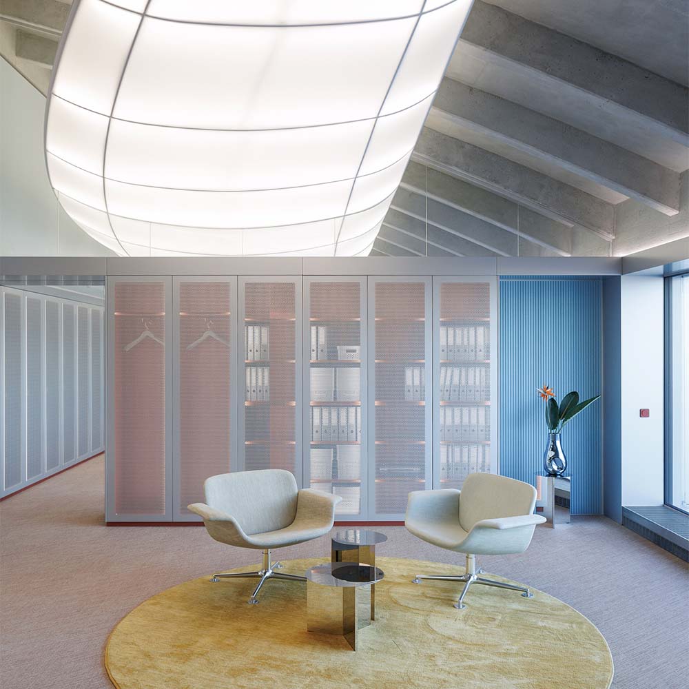 El interior de estas oficinas mezcla historia aeronáutica, biología marina y tecnología 3d